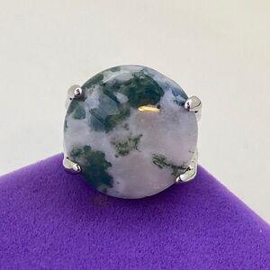 💛 Vintage Silver Tone Moss Agate Ring | Natural Round Green Stone Stud